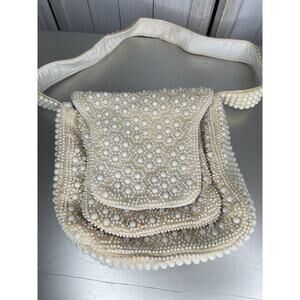 Vintage 60s 70s Corde-Bead White Cream Ivory Beaded Purse Textured Pearl Bag